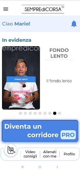 SempreDiCorsa app home screen with running video and training navigation